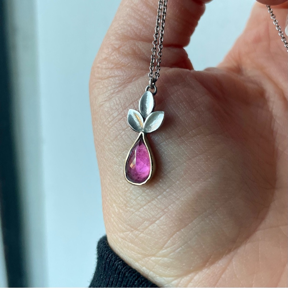 Dainty Pink Flower Necklace, Sterling Silver & 14k Gold